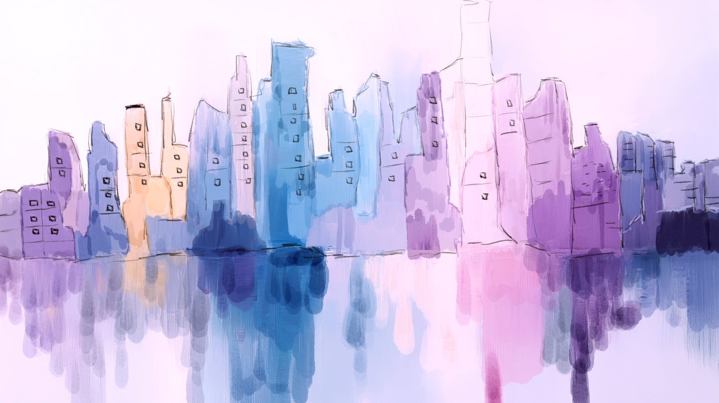 Colorful city skyline reflection on water.