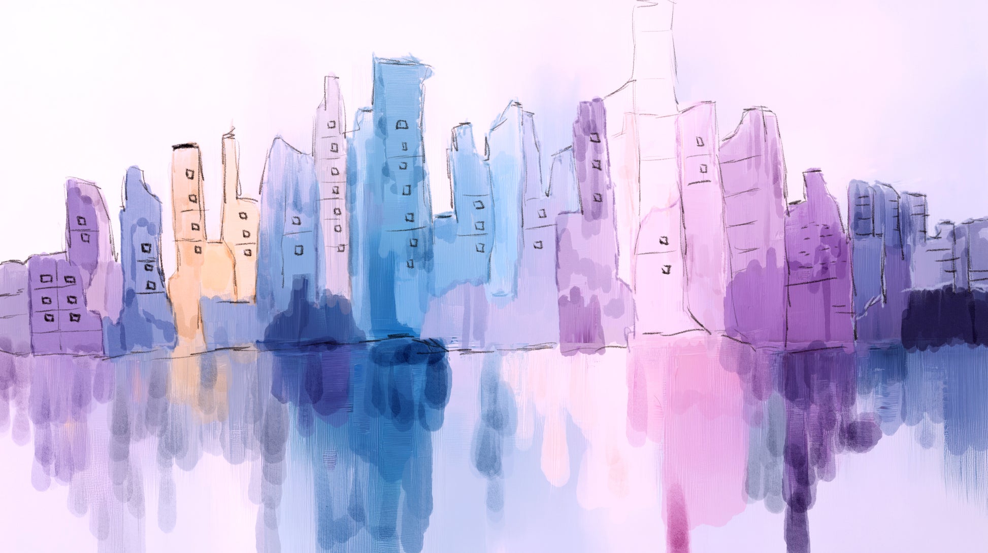 Colorful city skyline reflection on water.