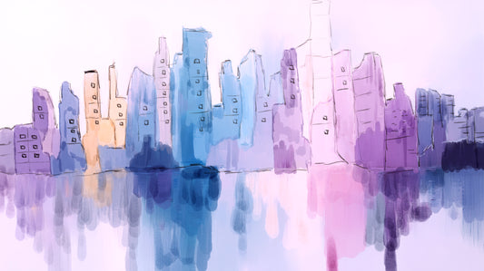Colorful city skyline reflection on water.