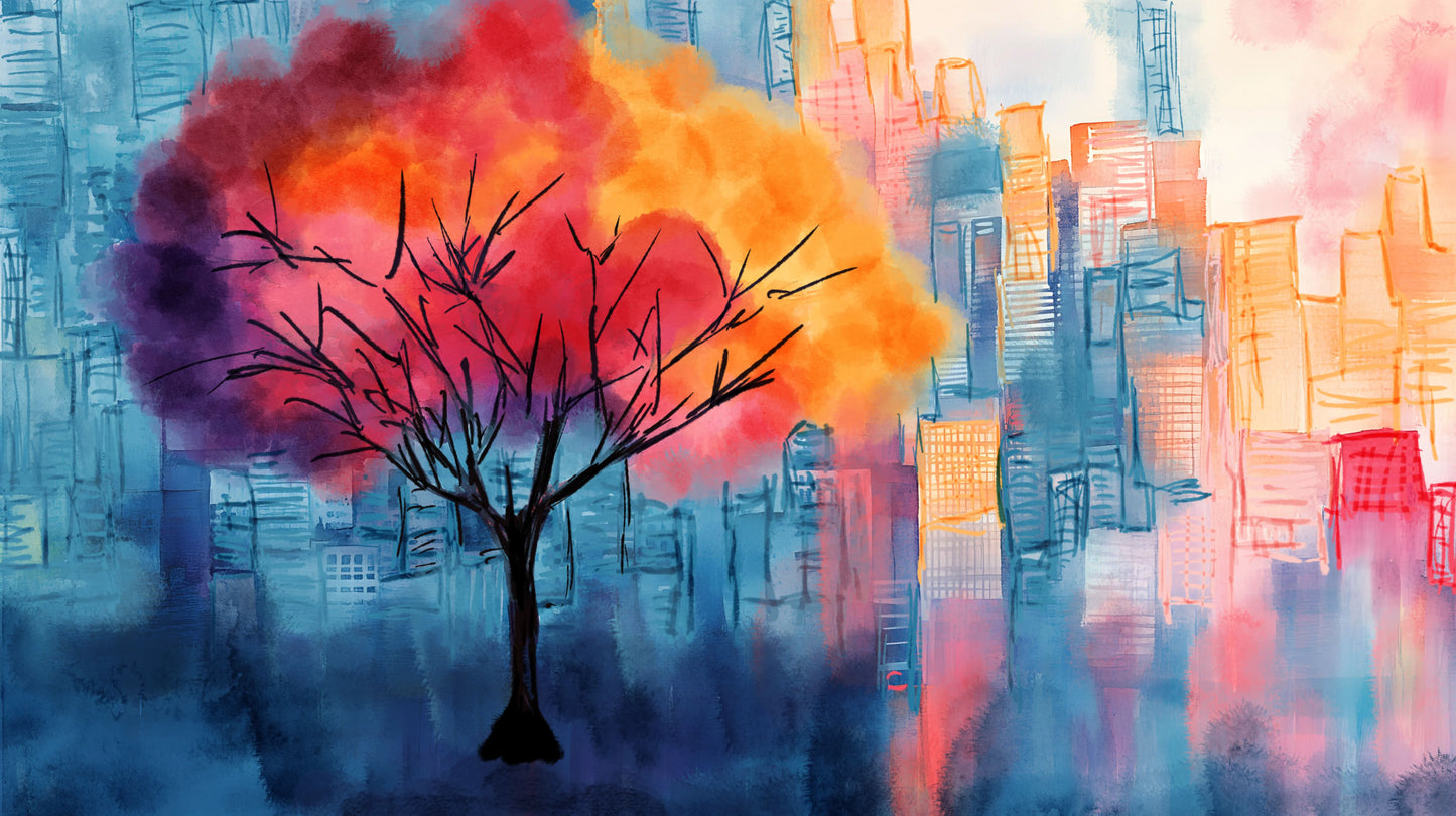 Urban Flame – vibrant geometric tree in fiery red and orange tones against a blue pastel city skyline, watercolour abstract art print by Phillip J Gordon. Instant digital download printable wall art.