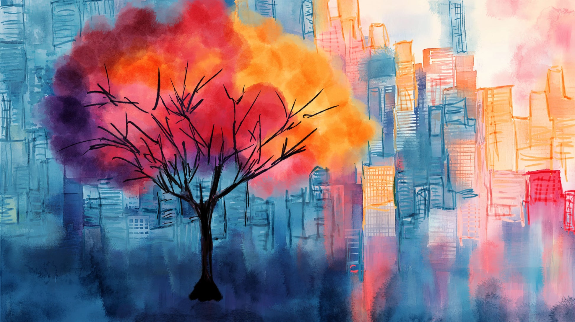 Urban Flame – vibrant geometric tree in fiery red and orange tones against a blue pastel city skyline, watercolour abstract art print by Phillip J Gordon. Instant digital download printable wall art.
