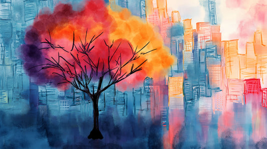 Urban Flame – vibrant geometric tree in fiery red and orange tones against a blue pastel city skyline, watercolour abstract art print by Phillip J Gordon. Instant digital download printable wall art.
