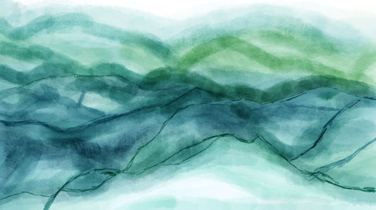Abstract watercolor design with wavy lines in green and blue.