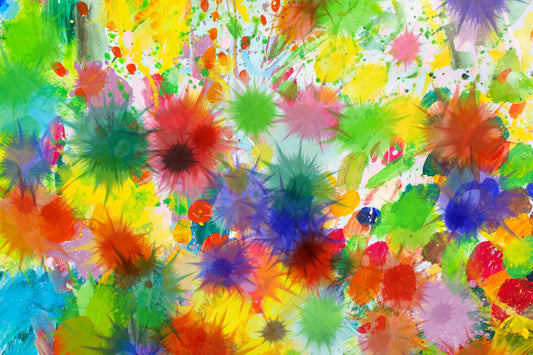 Vibrant abstract paint splatter pattern with colorful splashes of yellow, green, blue, red, pink, and orange on a white background.