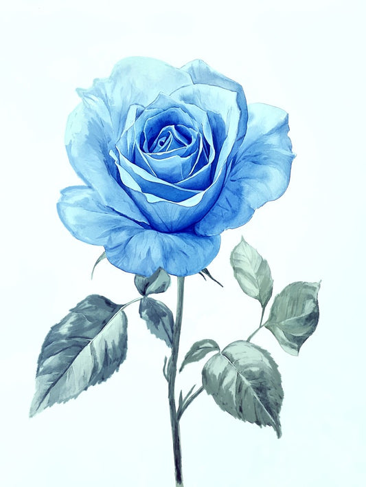 Blue rose with green leaves on a white background.