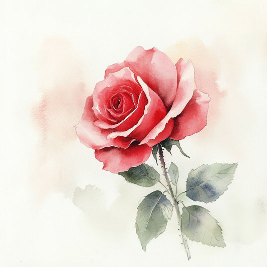 Watercolor painting of a red rose with green leaves on a light background.