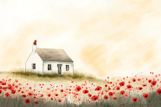 Small white house with a red roof surrounded by red flowers on a beige background.