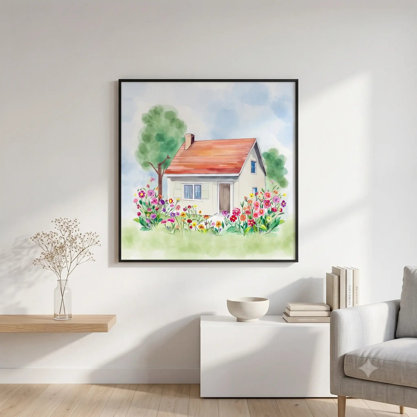 A framed watercolor painting of a small house with a red roof and colorful flowers, displayed on a white wall in a modern living room setting.
