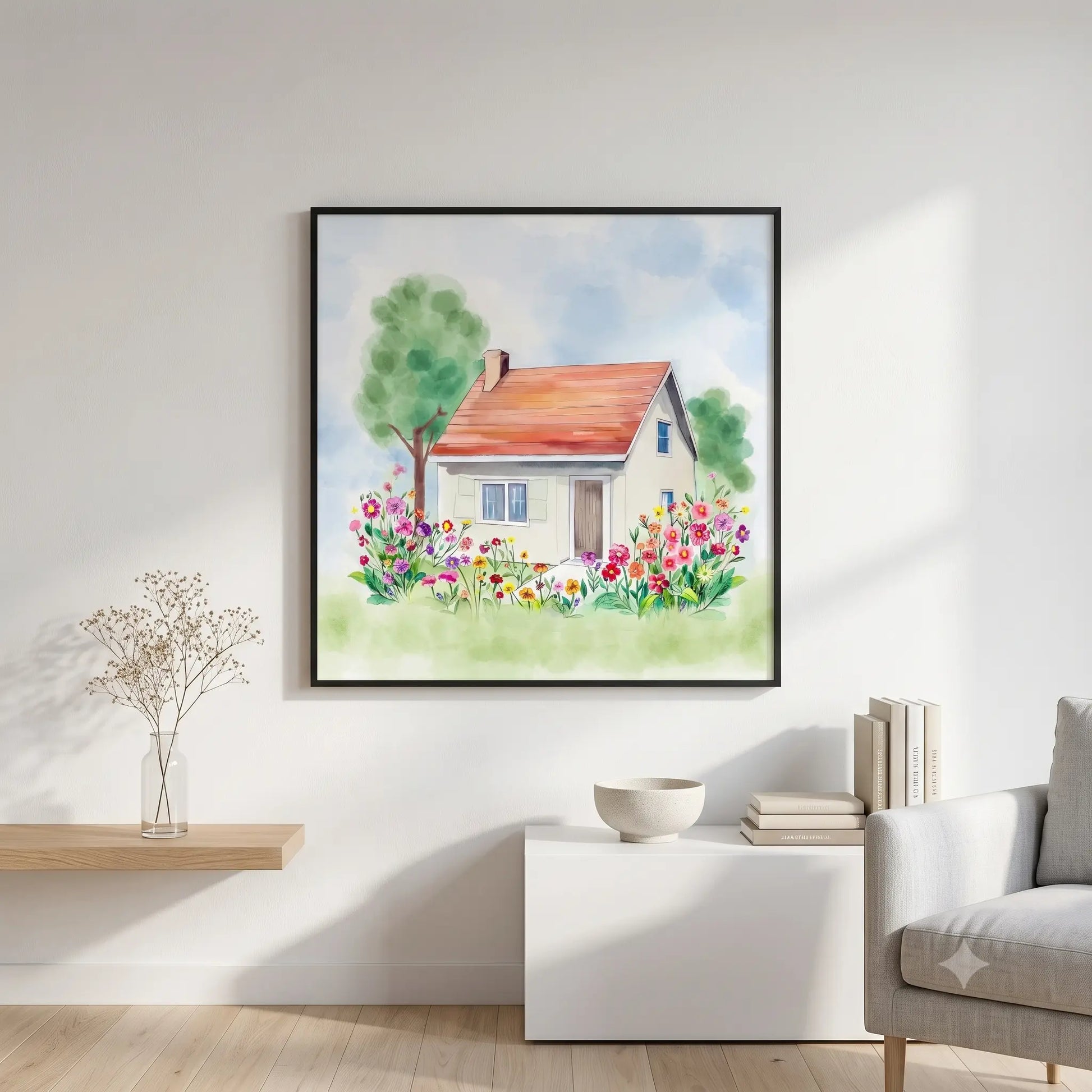A framed watercolor painting of a small house with a red roof and colorful flowers, displayed on a white wall in a modern living room setting.