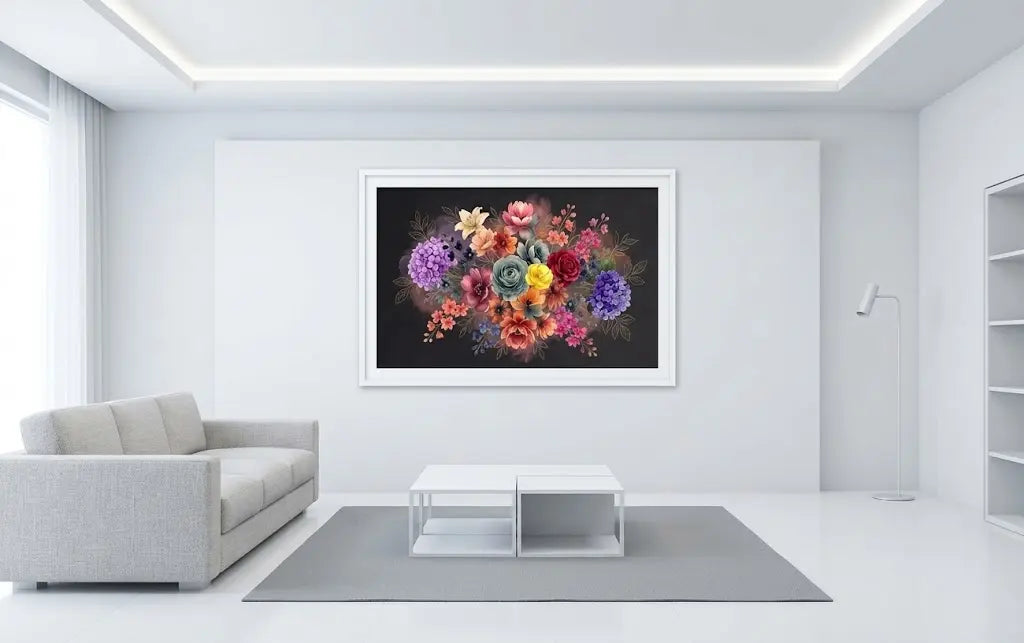 Midnight Bloomrise framed on a white feature wall — dark floral watercolor print by Phillip J Gordon