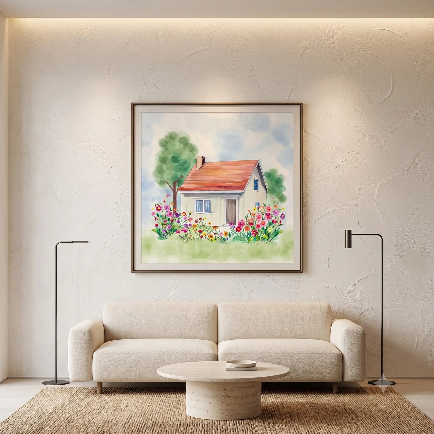 Cozy modern living room with beige sofa, warm lighting, textured walls, and a large framed cottage painting that adds colour, charm, and interior‑design appeal.