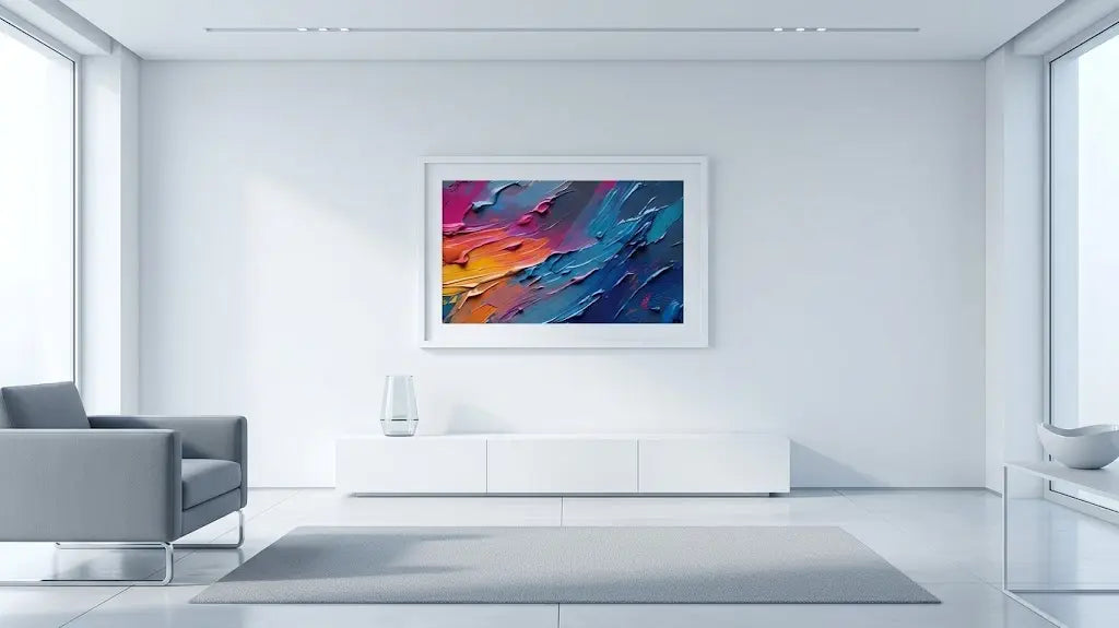 A framed abstract canvas print with vibrant blue, purple, orange, and pink brushstrokes, displayed on a white wall in a modern, minimalist living room with a gray armchair and white console table.