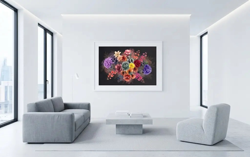 Midnight Bloomrise watercolor print displayed on a white feature wall — room mockup.