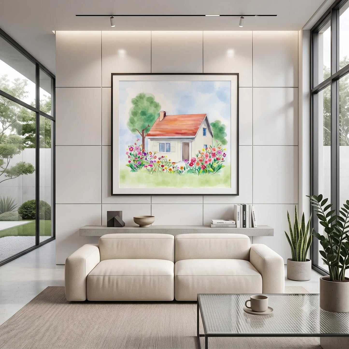 A framed watercolor painting of a small house with colorful flowers and green trees, displayed on a light gray tiled wall above a cream-colored sofa in a modern living room setting.