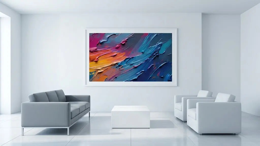 A large framed abstract painting with vibrant blue, pink, orange, and yellow brushstrokes hangs on a white wall in a modern, minimalist living room with gray sofas and a white coffee table.