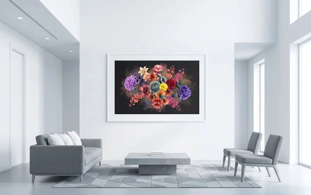 Midnight Bloomrise dark floral print in a styled interior — white feature wall mockup.