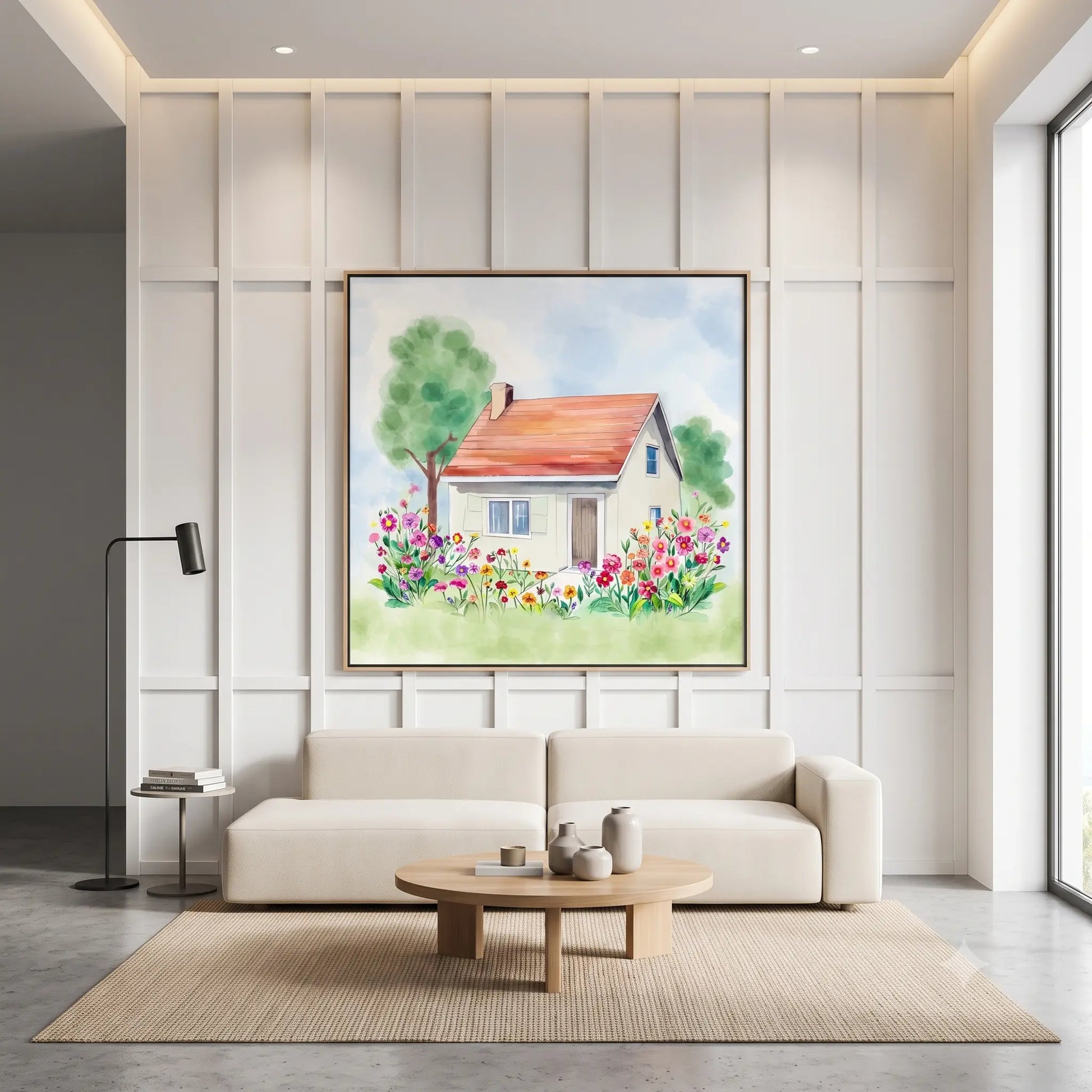 Bright modern living room with white sofa, round wooden table, vertical panel wall, and a colourful cottage painting bringing warmth and character.