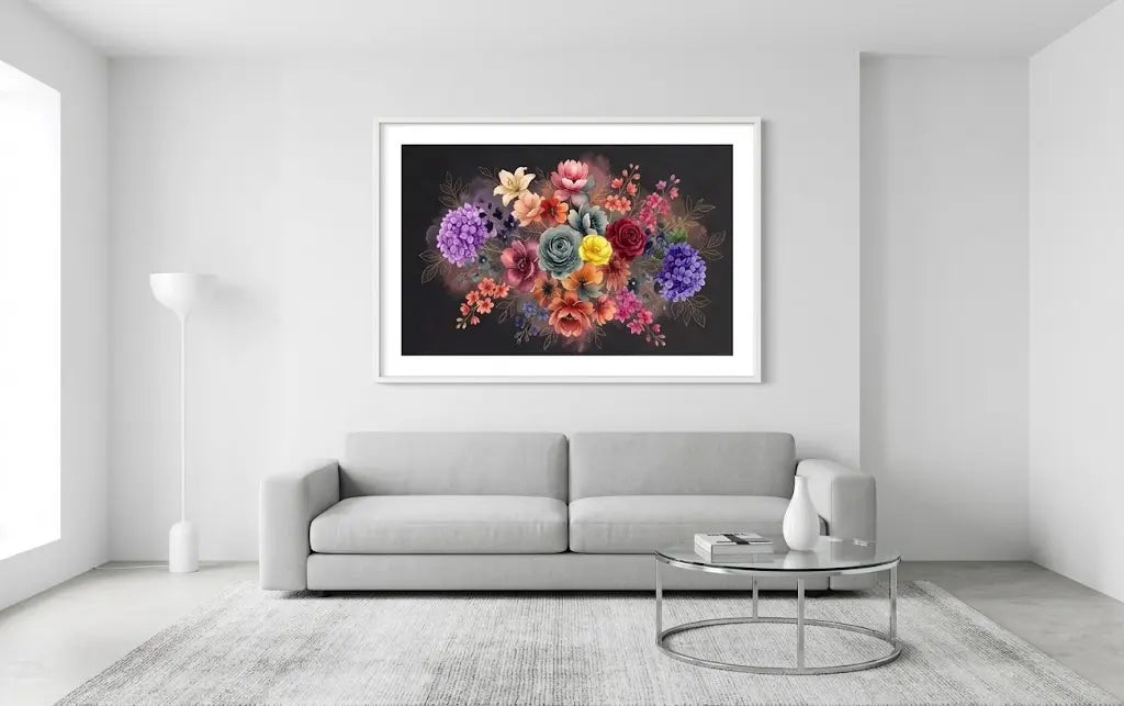 Midnight Bloomrise botanical watercolor art on a white feature wall — Phillip J Gordon digital print.