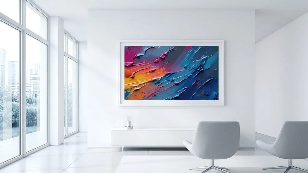 A framed abstract canvas painting with vibrant blue, pink, orange, and yellow paint strokes, displayed on a white wall in a modern, sunlit living room with two gray chairs.