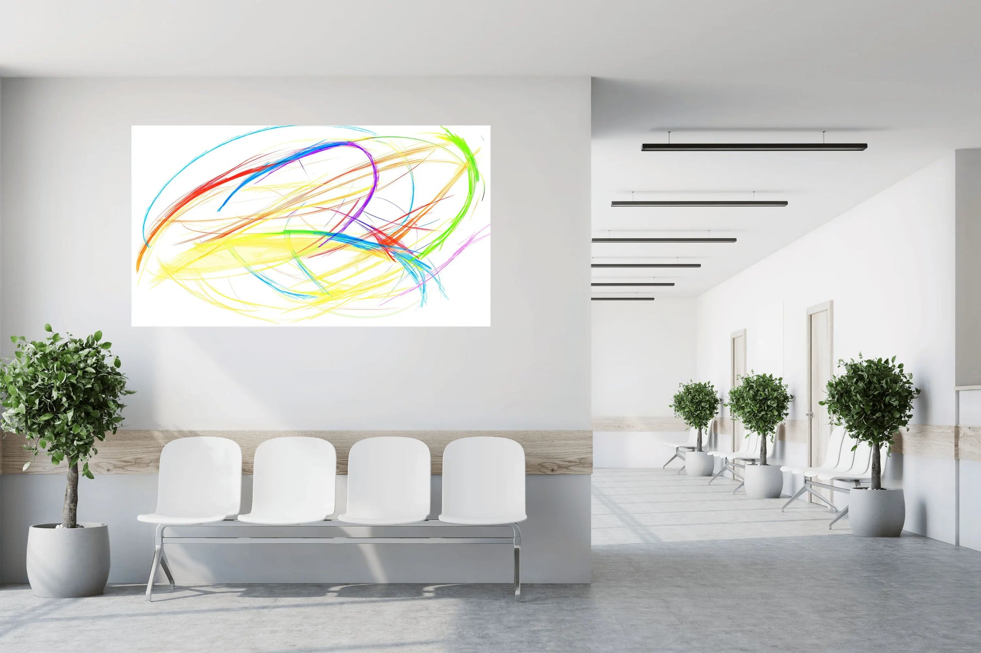 Modern waiting room with abstract art on the wall.