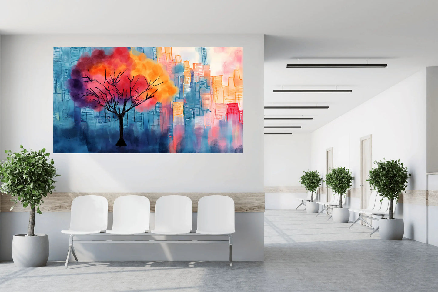 Urban Flame vibrant watercolour tree and cityscape art print in a bright white reception area, by Phillip J Gordon.