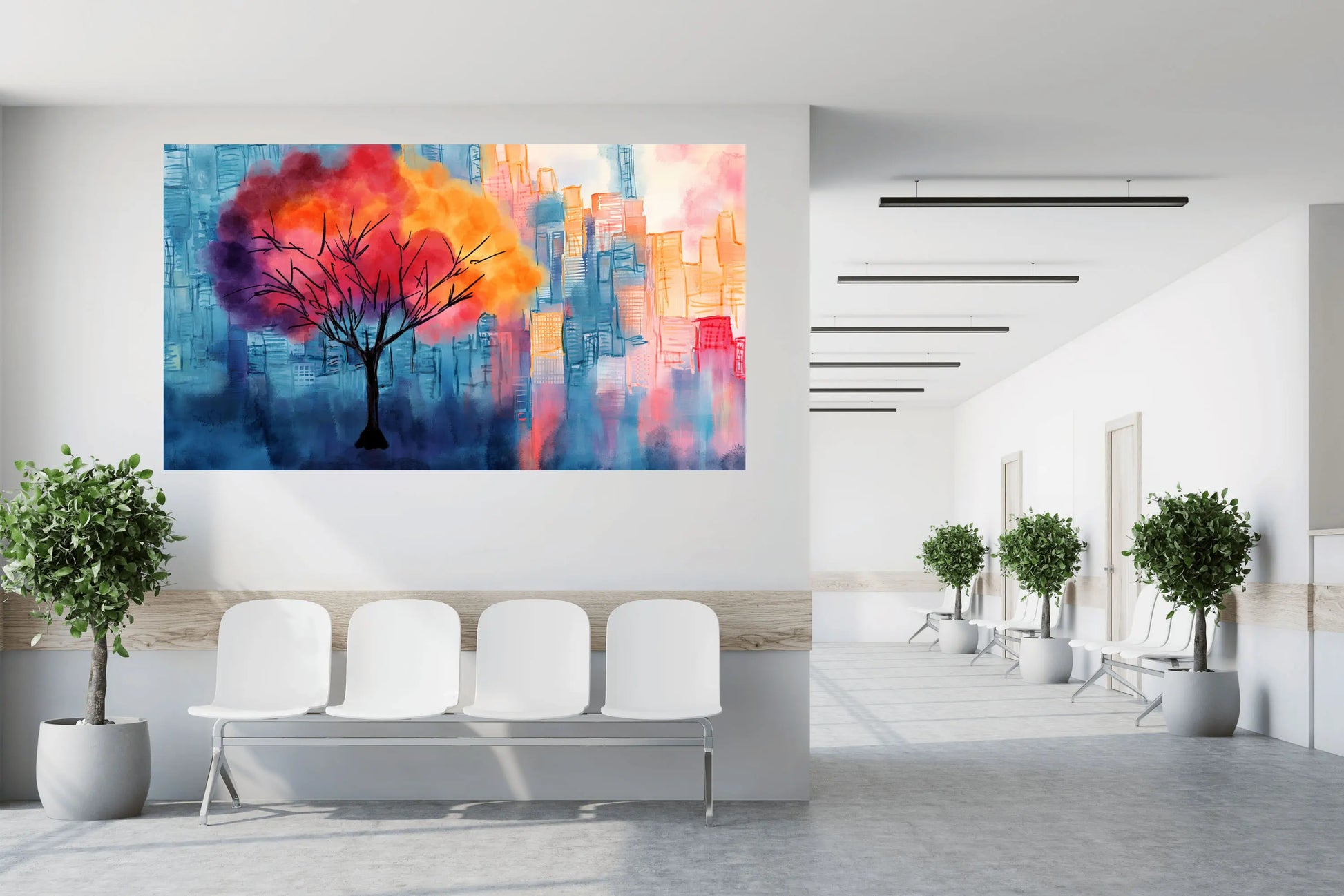 Urban Flame vibrant watercolour tree and cityscape art print in a bright white reception area, by Phillip J Gordon.