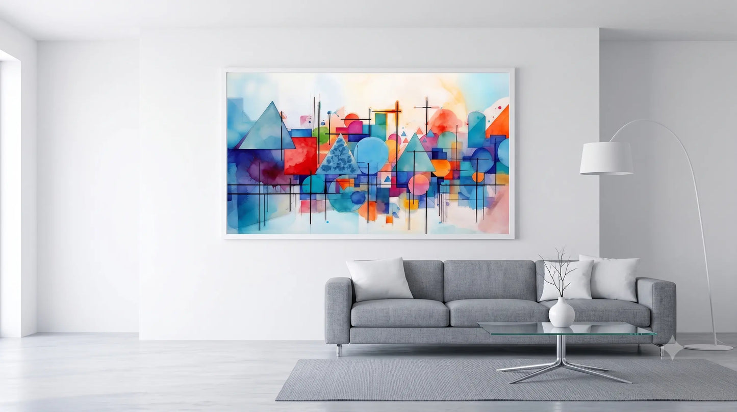 A large framed abstract geometric wall art print hangs above a modern gray sofa in a bright, minimalist living room. The artwork features a colorful mix of blue, red, orange, and white shapes and lines.