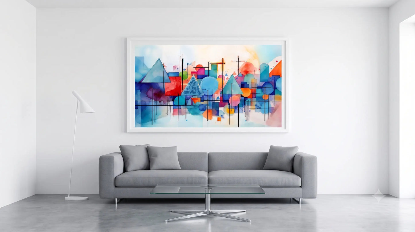 A large framed abstract geometric wall art print hangs above a gray sofa in a bright modern living room. The artwork features a colorful abstract cityscape with blue, red, orange, and white shapes.