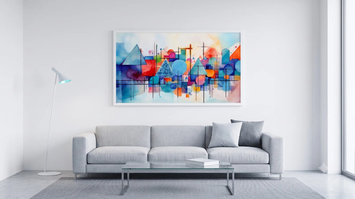 A colorful abstract geometric wall art print hanging above a light gray sofa in a bright modern living room.