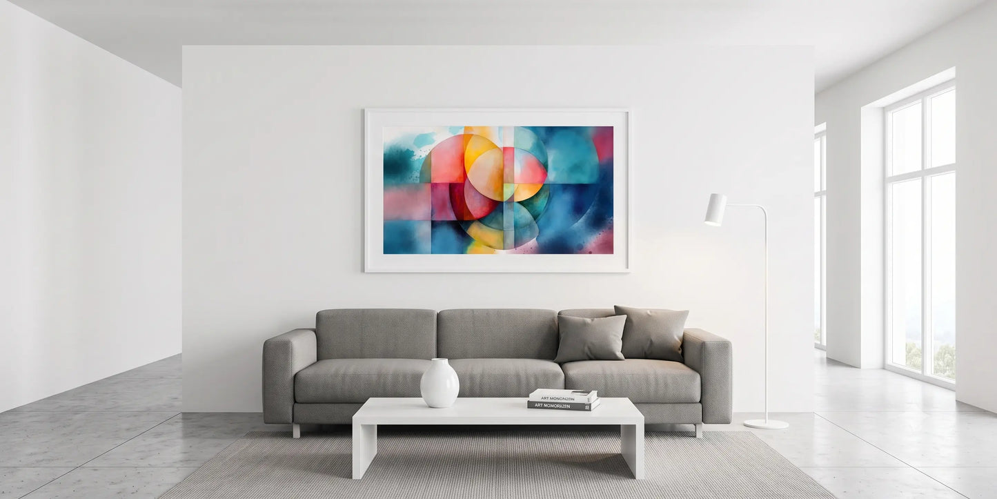 A large framed abstract canvas print with vibrant multicolor circles hangs on a white wall above a modern gray sofa in a bright, minimalist living room.