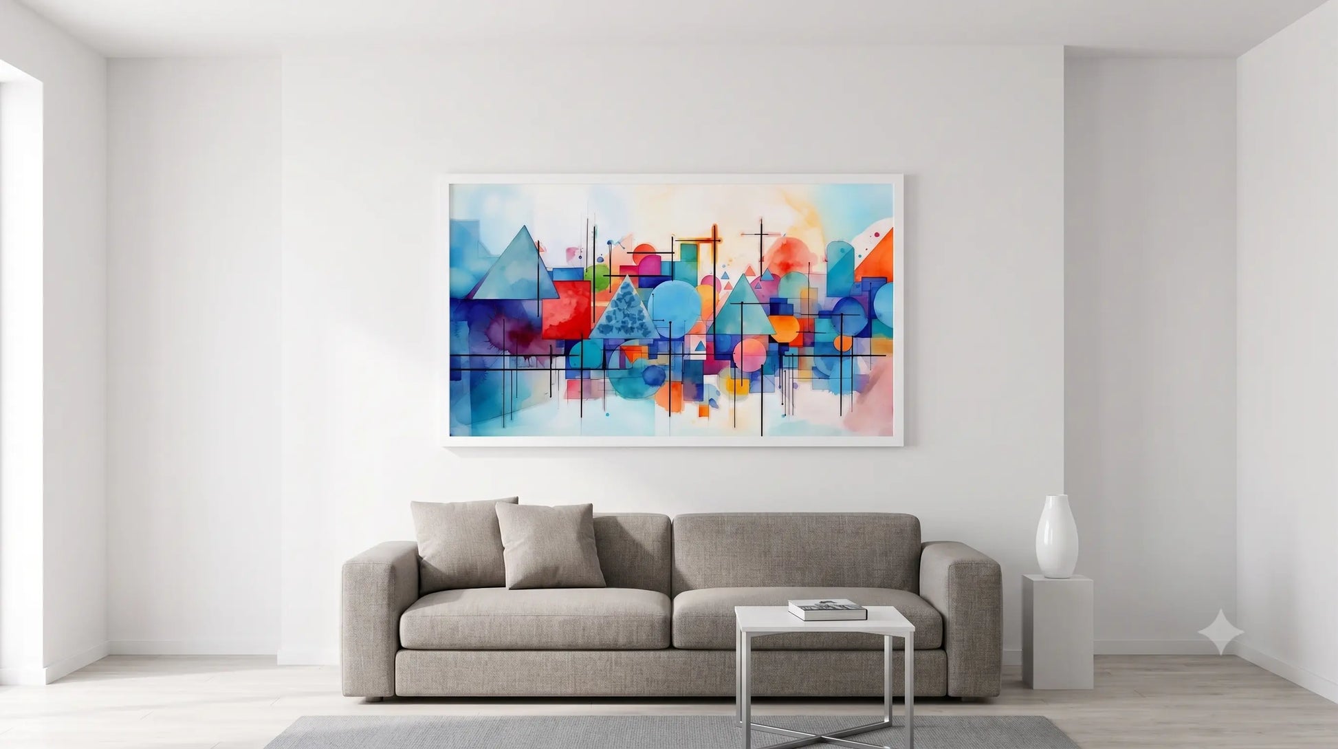 A colorful abstract geometric canvas print with blue, red, orange, and yellow shapes, displayed on a white wall above a modern gray sofa in a bright living room.