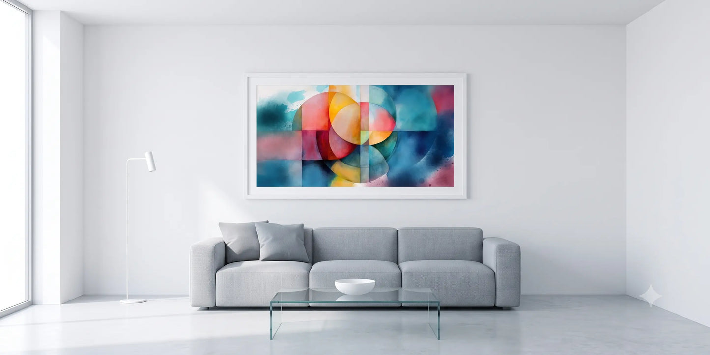 A large framed abstract art print with vibrant multicolor circles hangs on a white wall above a modern gray sofa in a bright, minimalist living room.