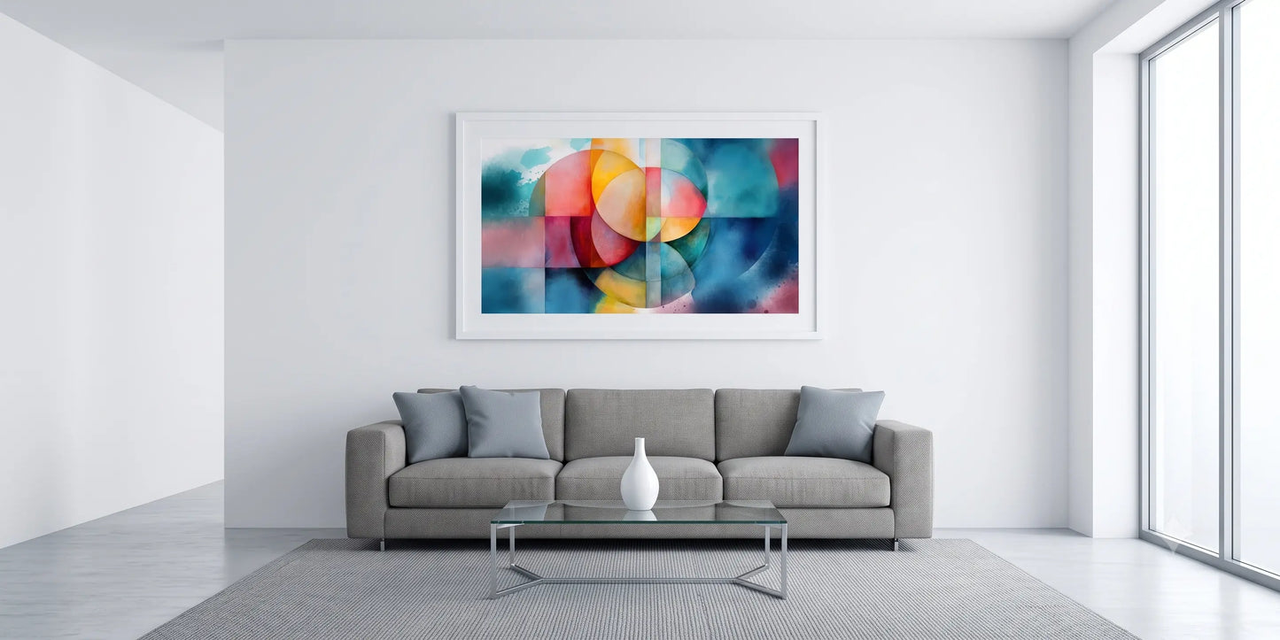A framed abstract art print with colorful geometric shapes hangs on a white wall above a modern gray sofa in a bright, minimalist living room.
