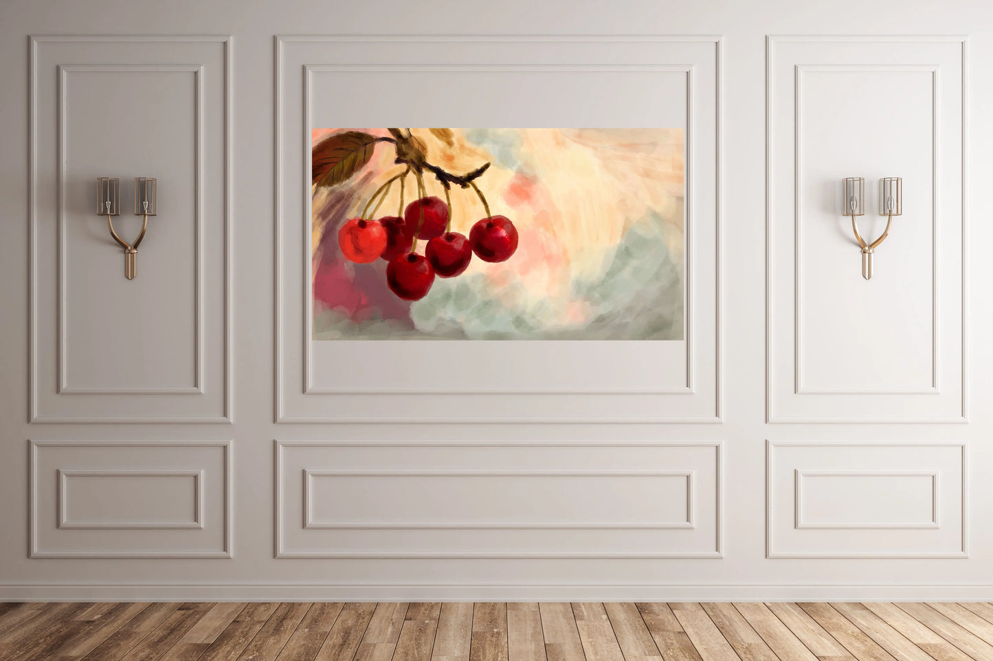 Framed artwork of cherries on a white wall with decorative molding.