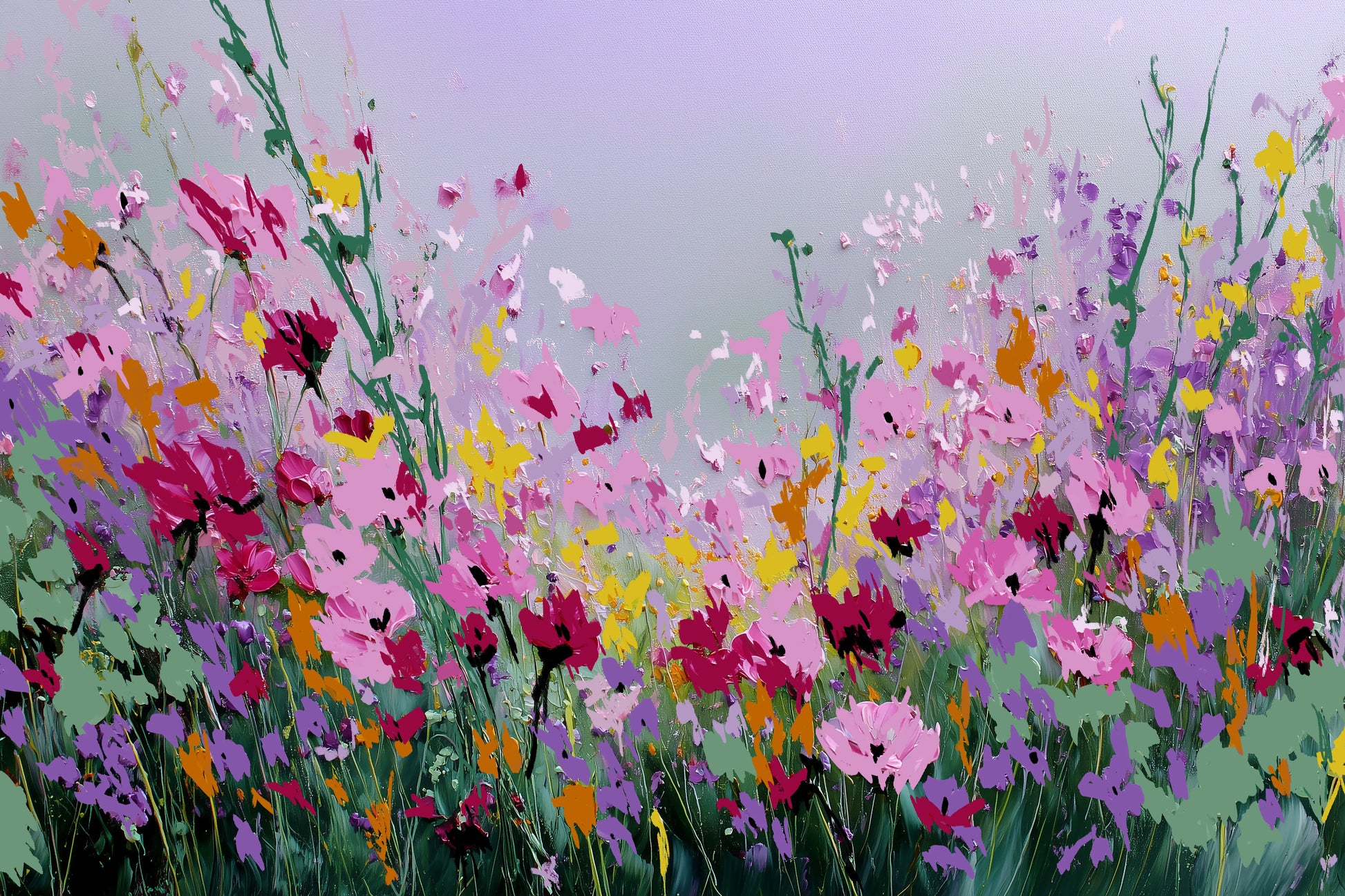 Colorful painting of a field of flowers with a soft purple background.