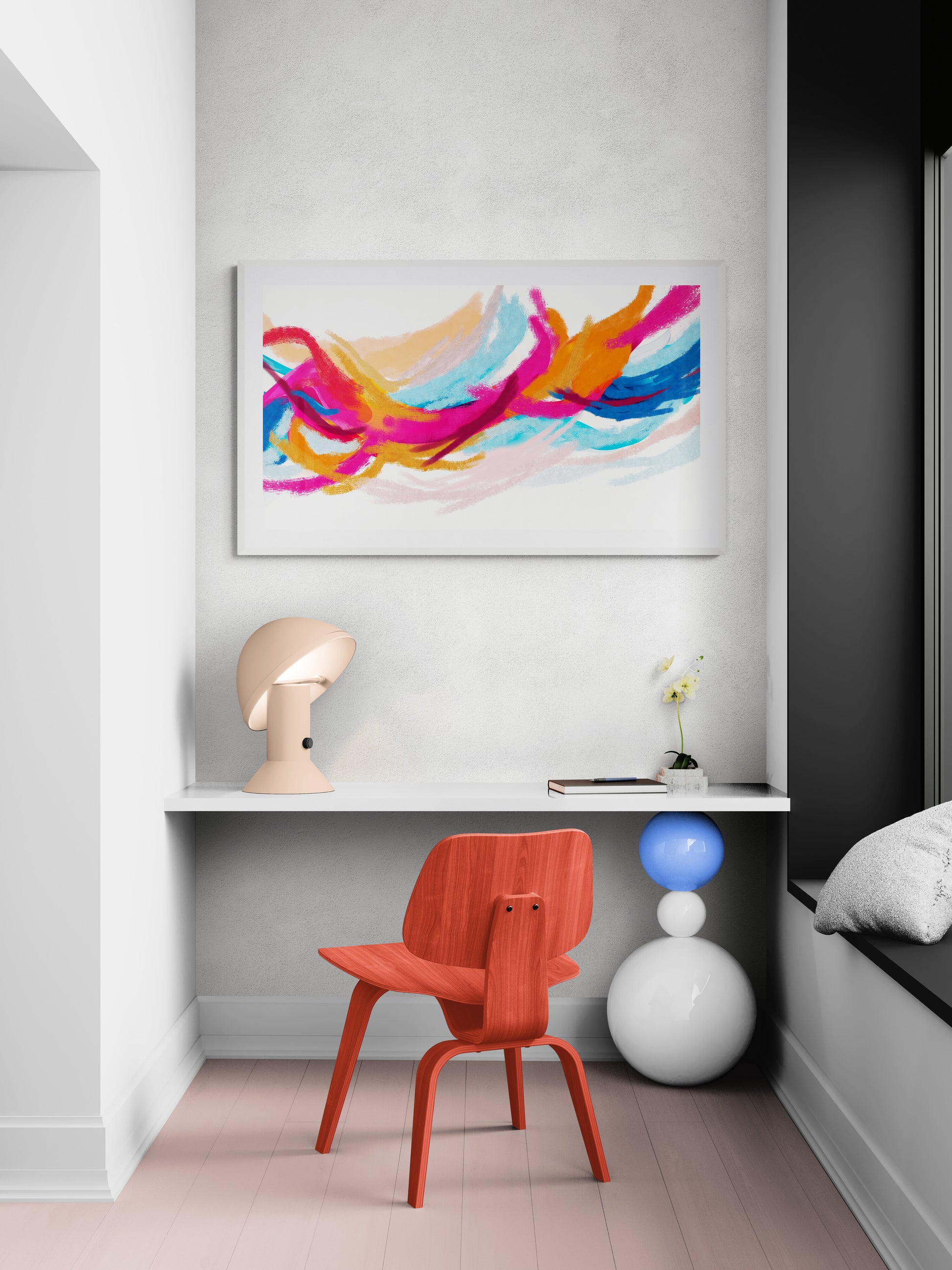 Modern interior with a colorful abstract painting, red chair, and unique lamp.