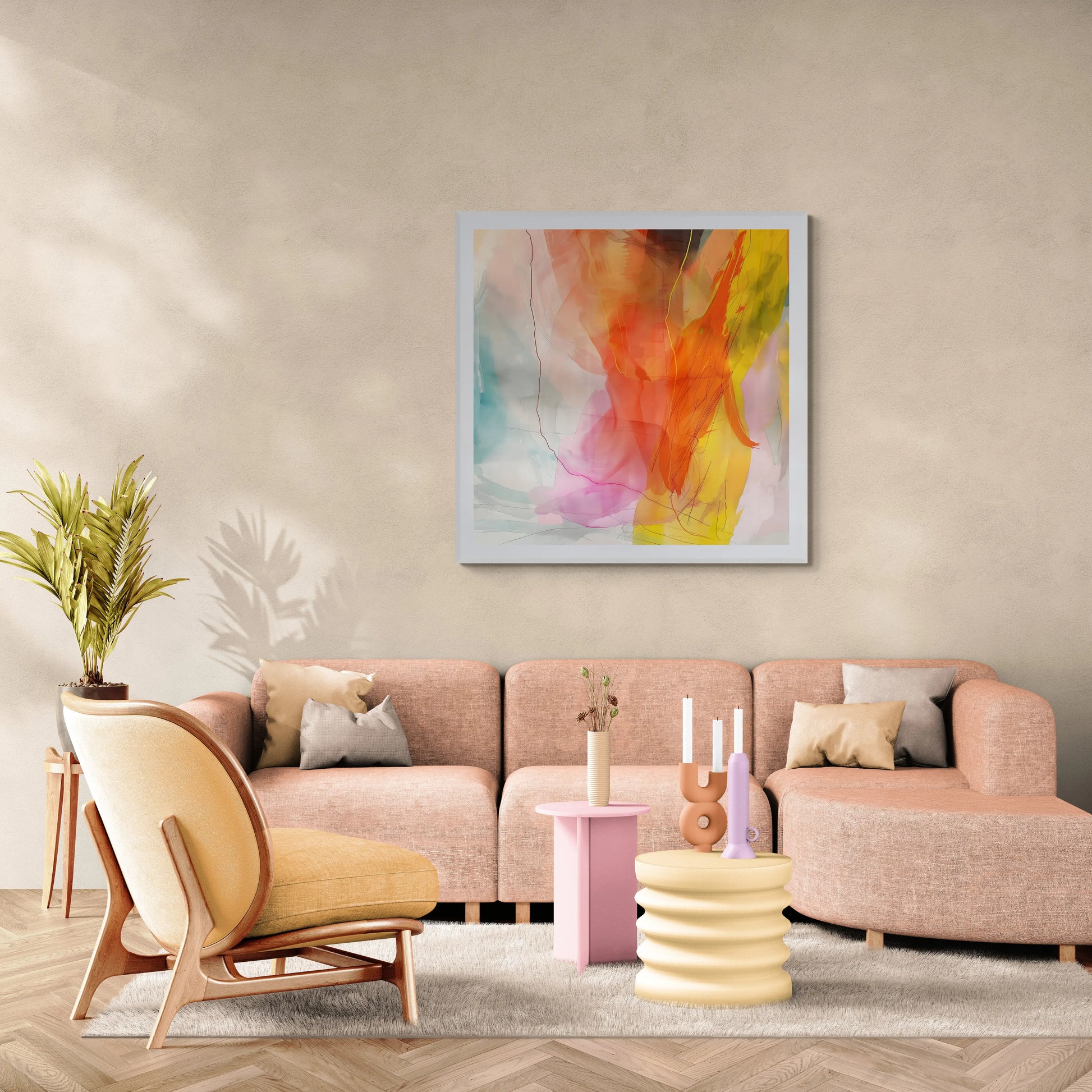 Modern living room with a colorful abstract painting on the wall, pink sofa, and wooden armchair.