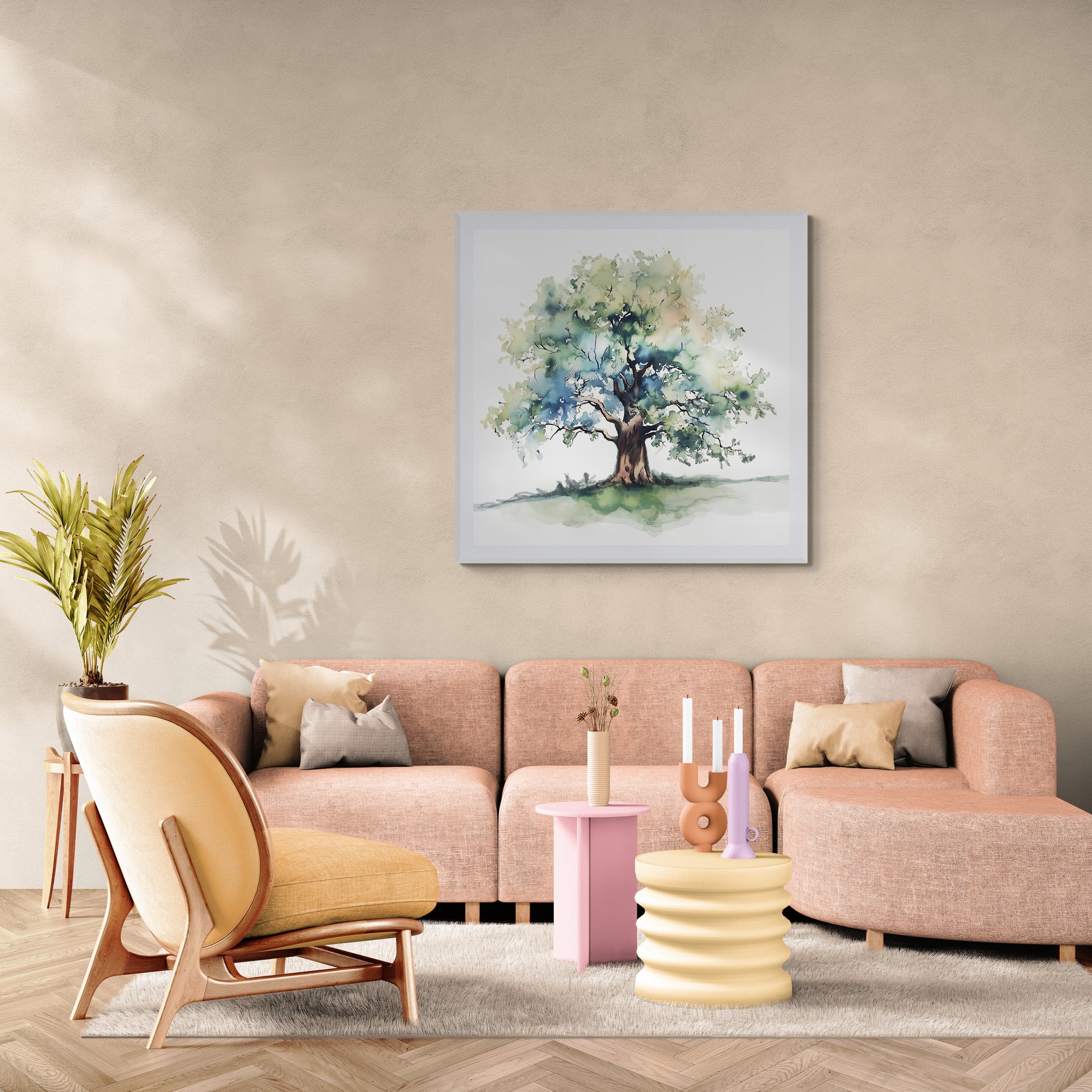 Living room with a pink sofa, yellow armchair, and a tree painting on the wall.