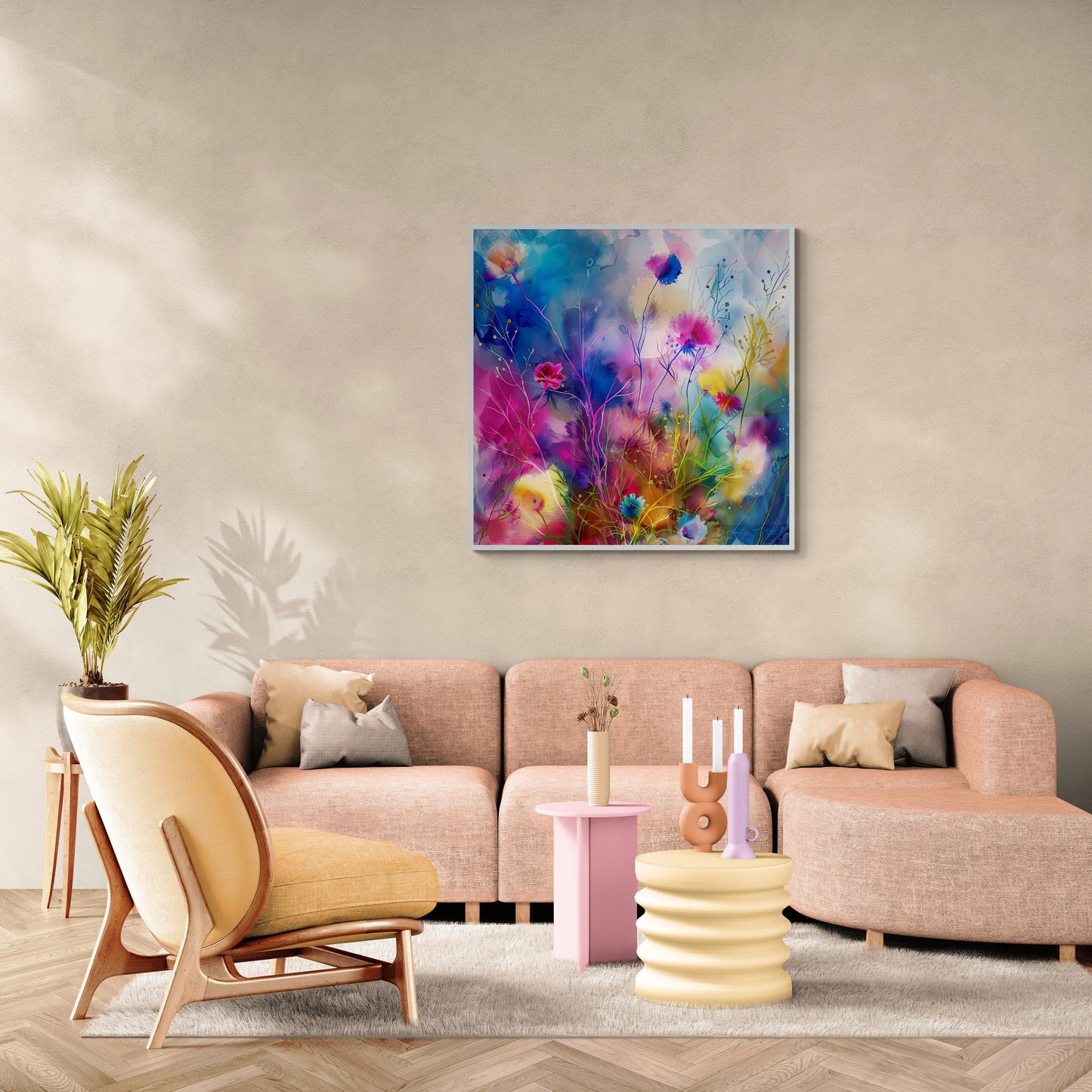 Wild Bloom floral watercolour art print in a luxury minimal living room, beige sofa, by Phillip J Gordon.