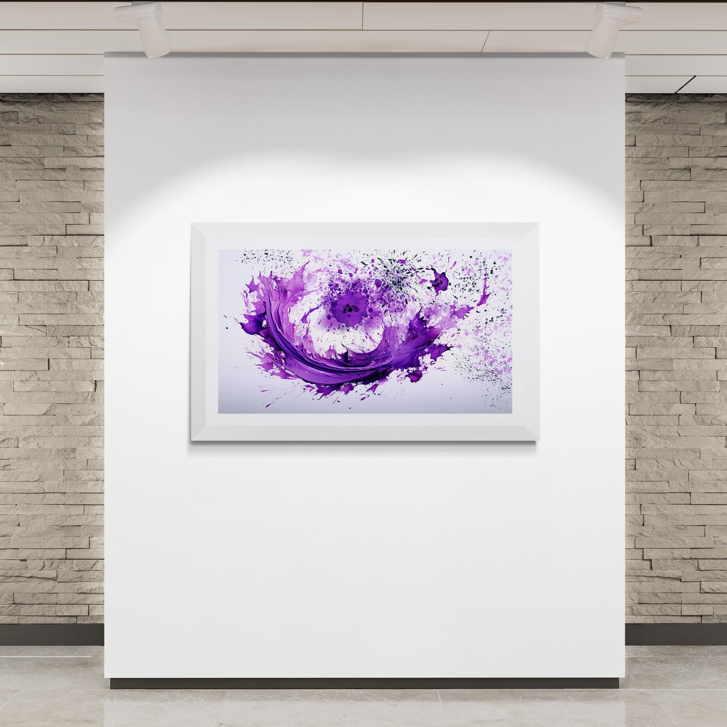 Lavender Viscosity abstract wall art print displayed against a brick wall — digital art by Phillip J Gordon