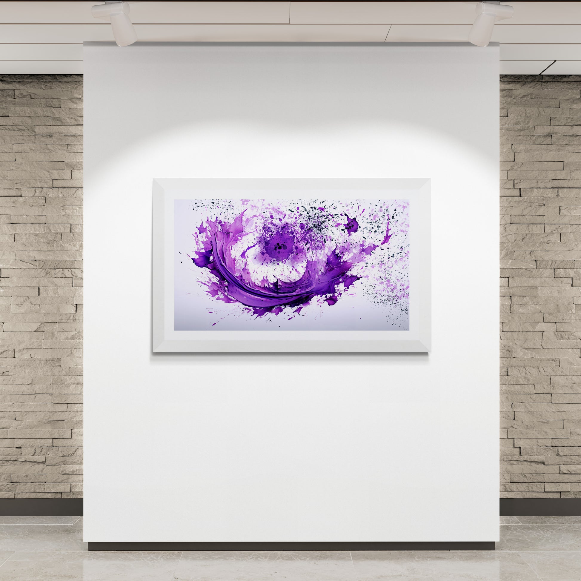 Lavender Viscosity abstract wall art print displayed against a brick wall — digital art by Phillip J Gordon