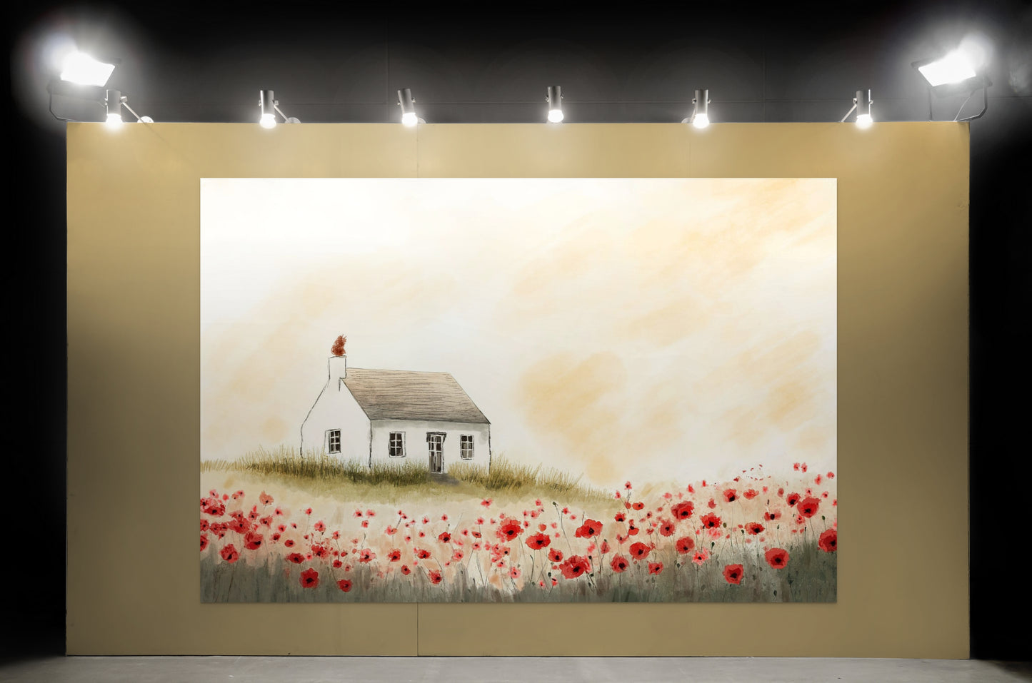 Painting of a house with red flowers in a field under spotlights.