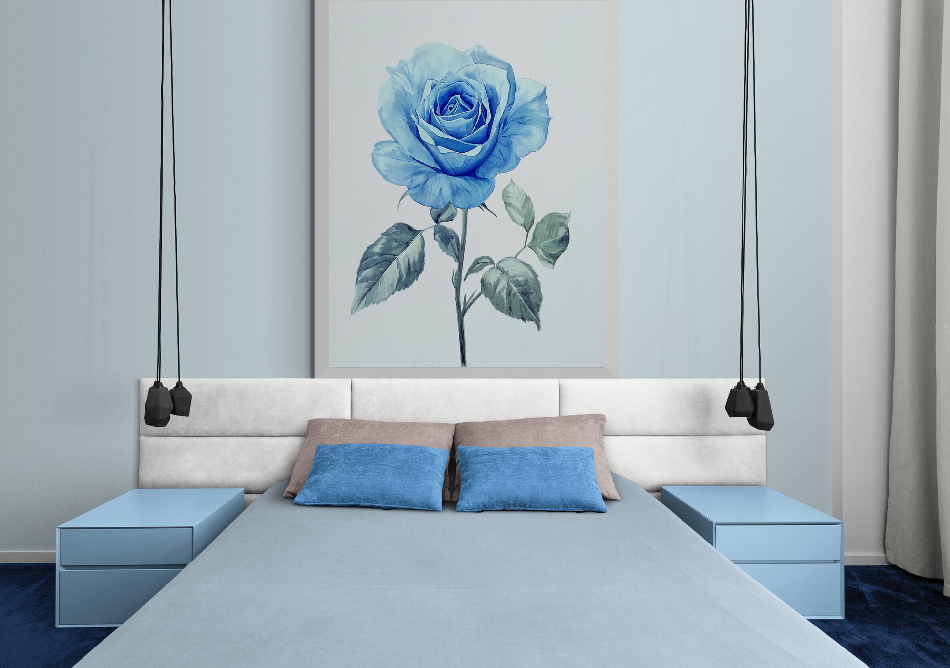 Modern bedroom with a large blue rose painting on the wall.