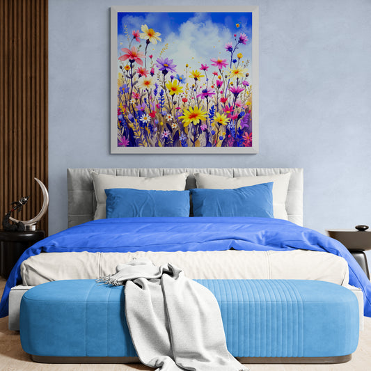 Bedroom with blue bedding and a colorful floral painting on the wall.