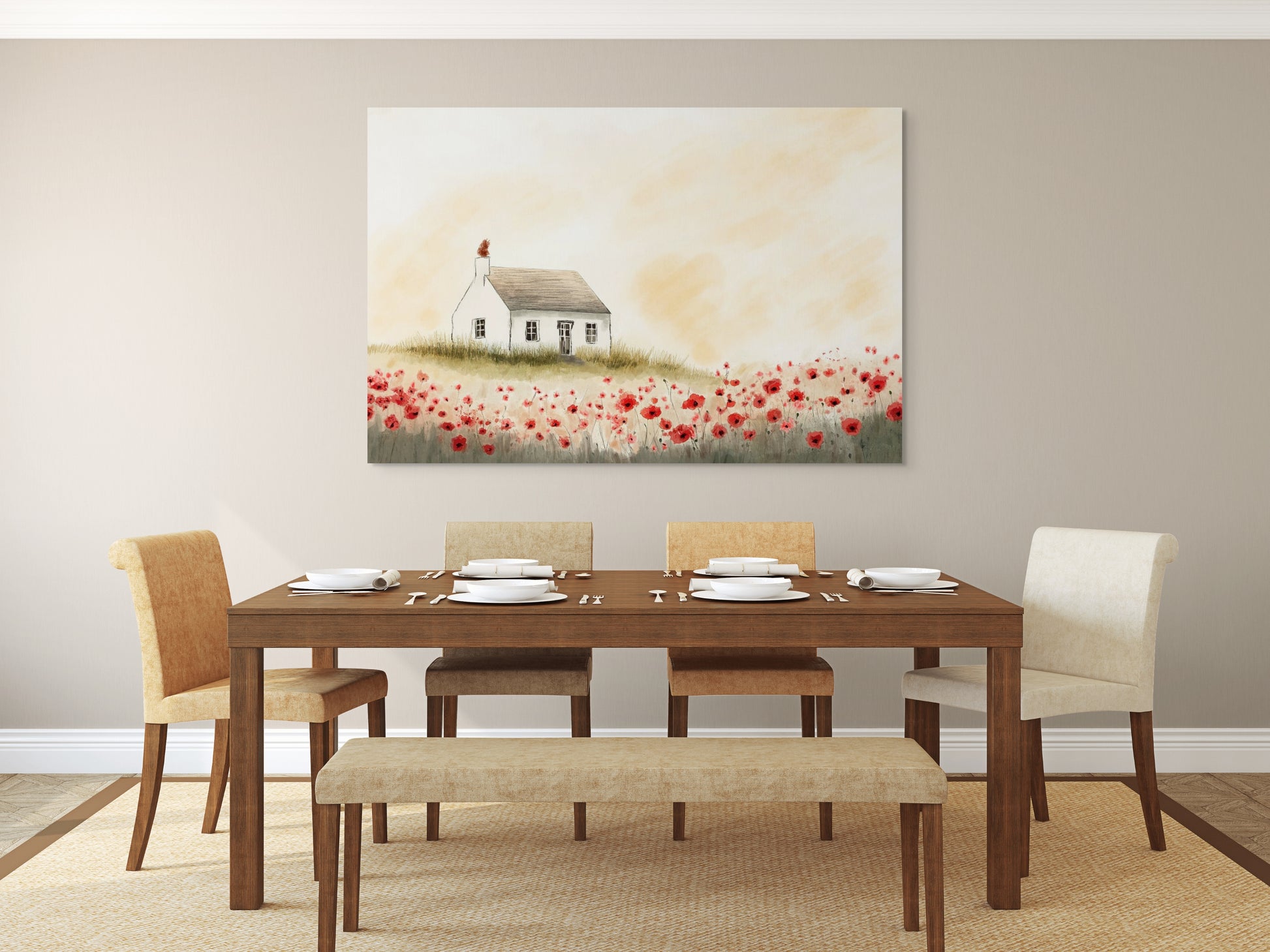 Dining room with wooden table and chairs, bench, and a painting of a house and flowers on the wall.