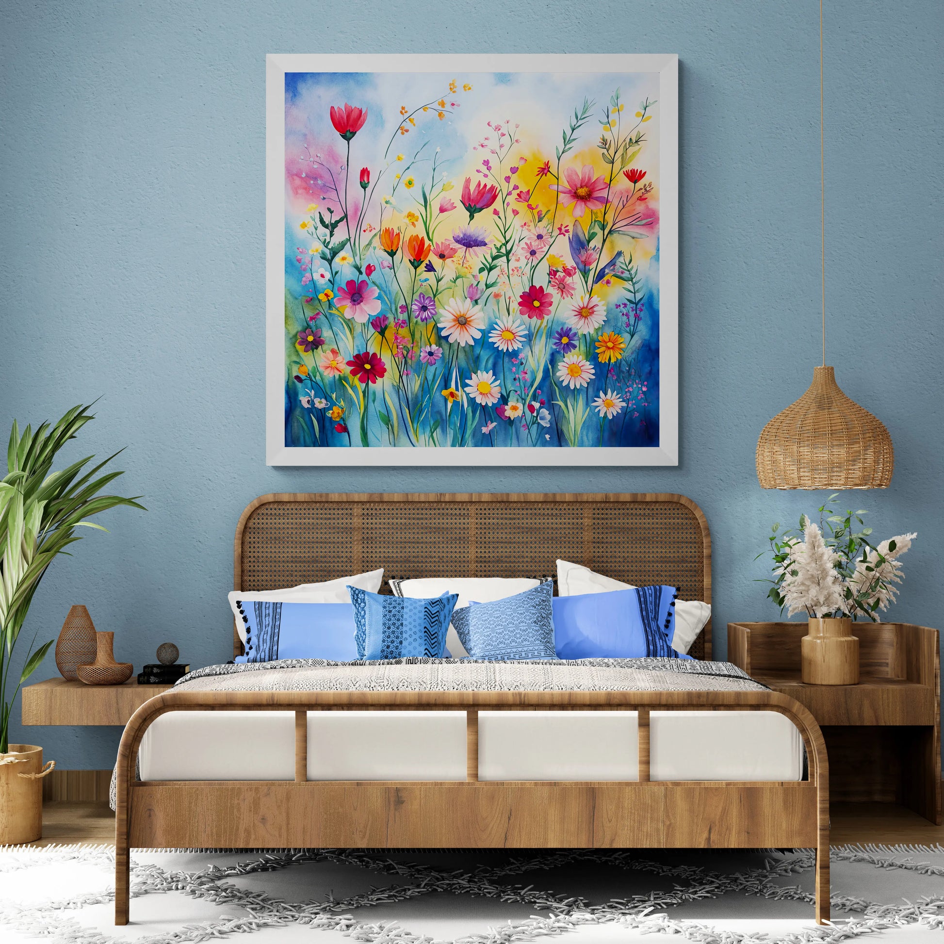 Bedroom with wooden bed, colorful floral painting, and decorative elements.