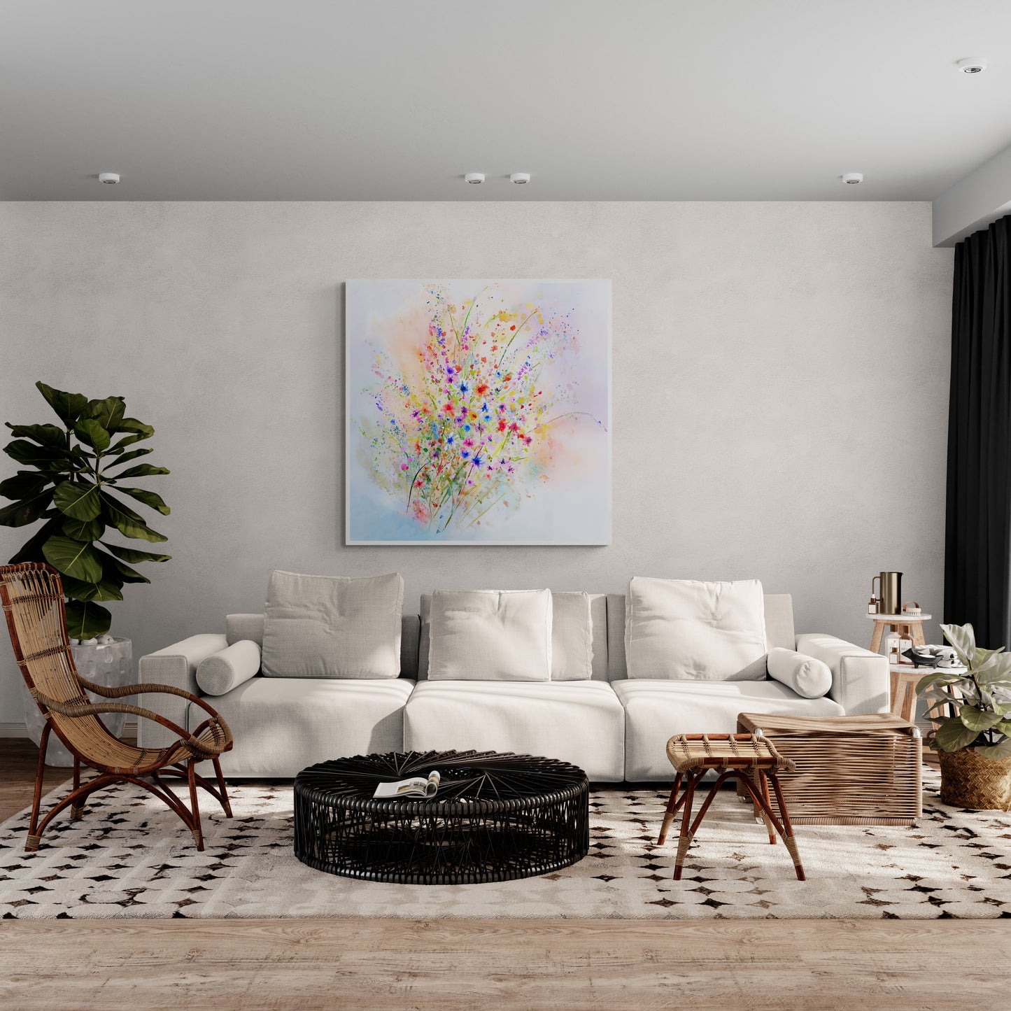 Wildflower Reverie watercolor floral wall art displayed in a modern living room — instant digital download print