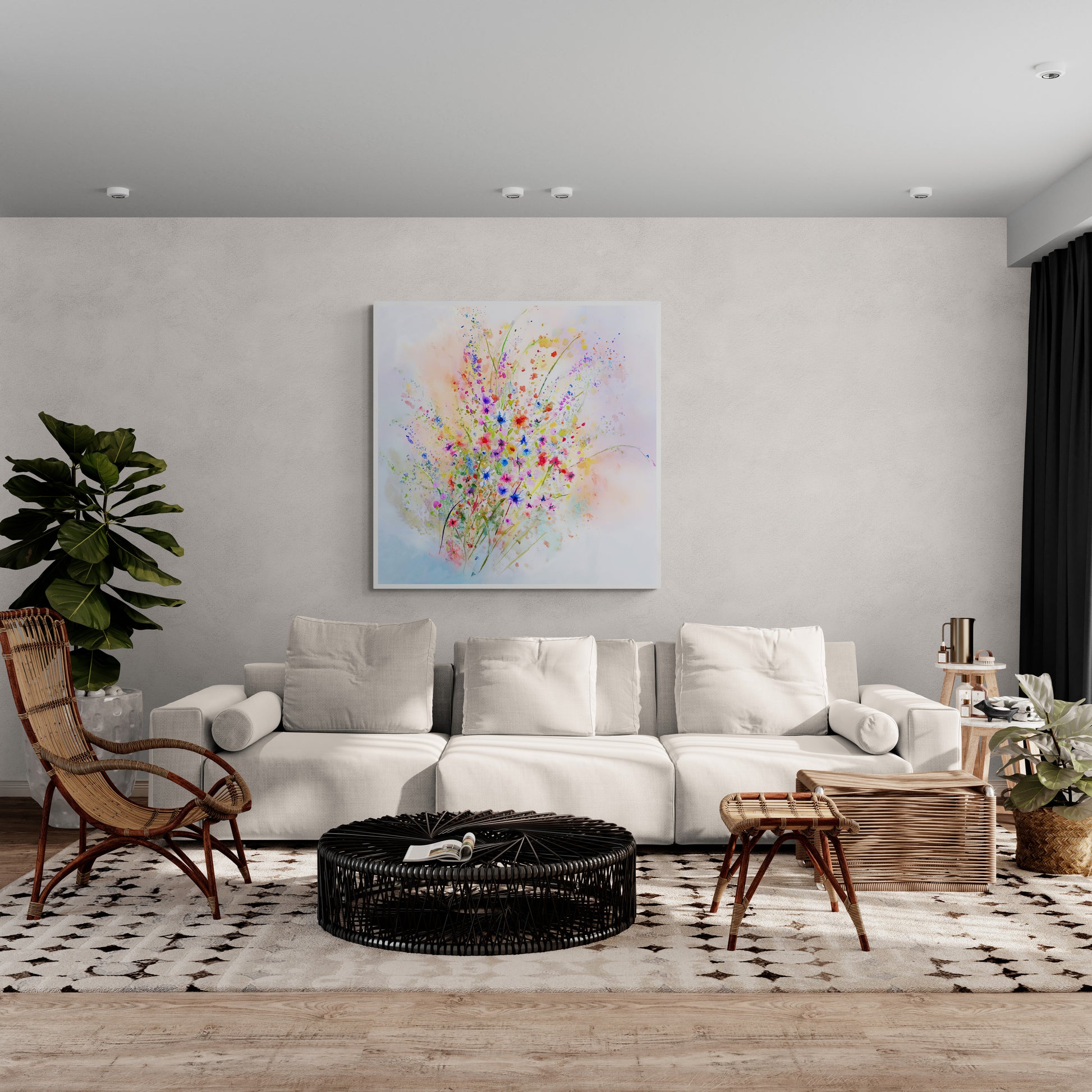 Wildflower Reverie watercolor floral wall art displayed in a modern living room — instant digital download print