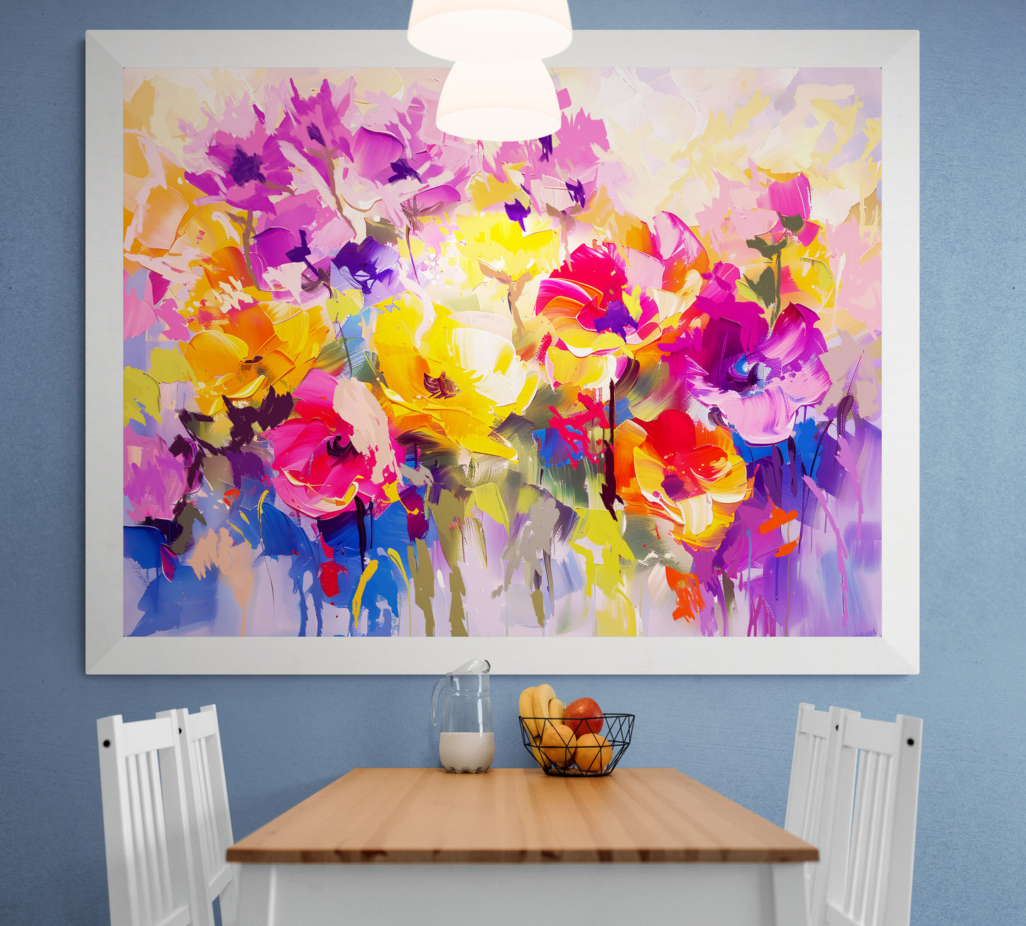 abstract watercolour print displayed in modern kitchen interior decor