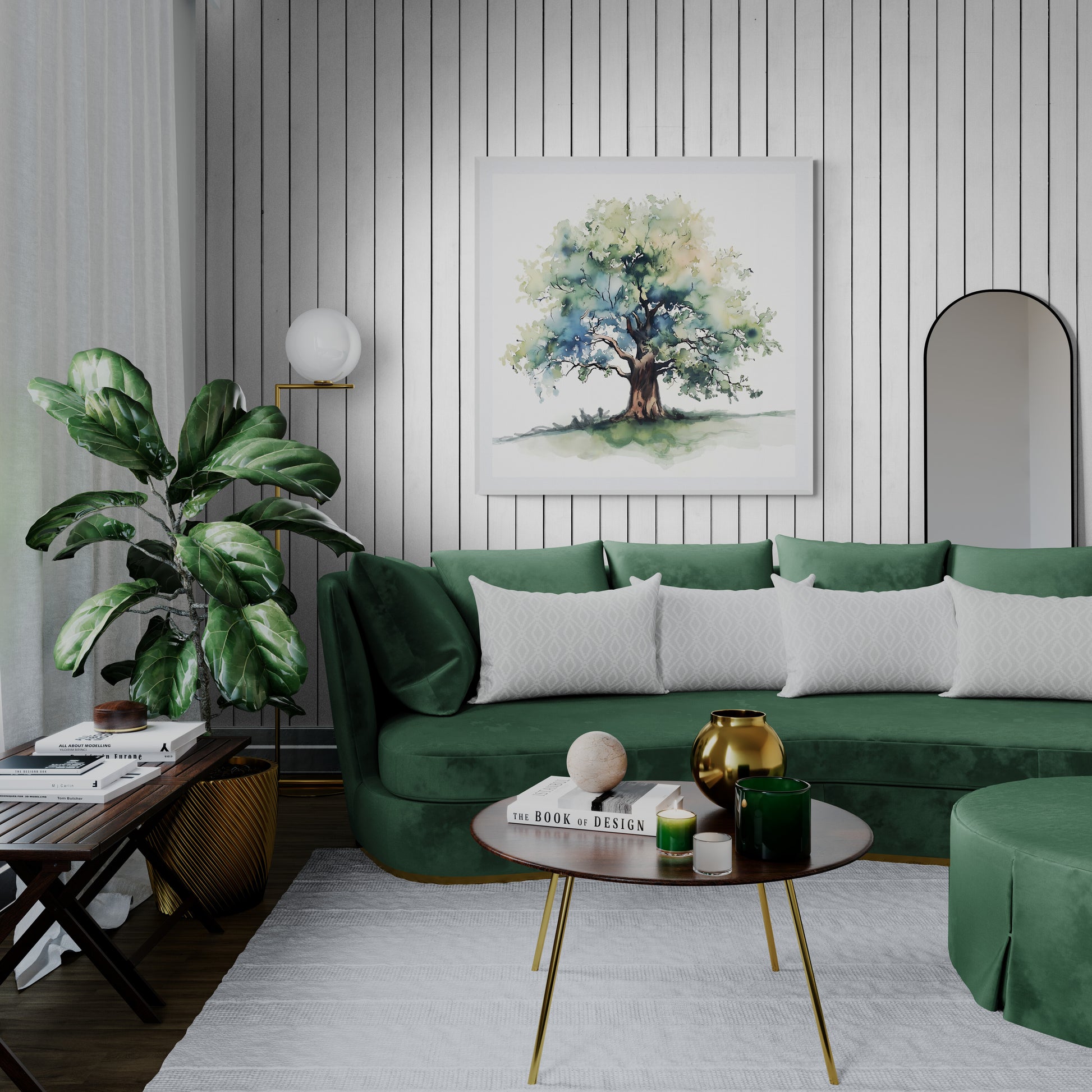 Modern living room with a green sofa, coffee table, and decorative elements.